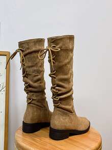 女式新款复古系带绒面高筒靴，秋冬粗跟马靴，褶皱休闲中筒靴，黑色