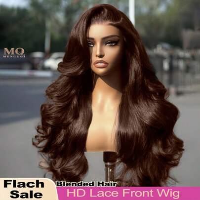 30 英寸巧克力棕色蕾丝前假发，200 密度棕色波浪卷发，13x4 高清蕾丝前假发，已拔除婴儿毛发，棕色女士假发 #4