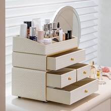 1pc Multi-Drawer Makeup Storage Box, Desktop Organizer, Woven Jewelry Box, Compartmentalized Cosmetic Storage, Large Capacity Makeup Display Rack, Leather Woven Texture Storage Container, Handmade Skincare Bottle & Jar Holder, Suitable For Home Organization, Entryway, Living Room, Bedroom, Vanity