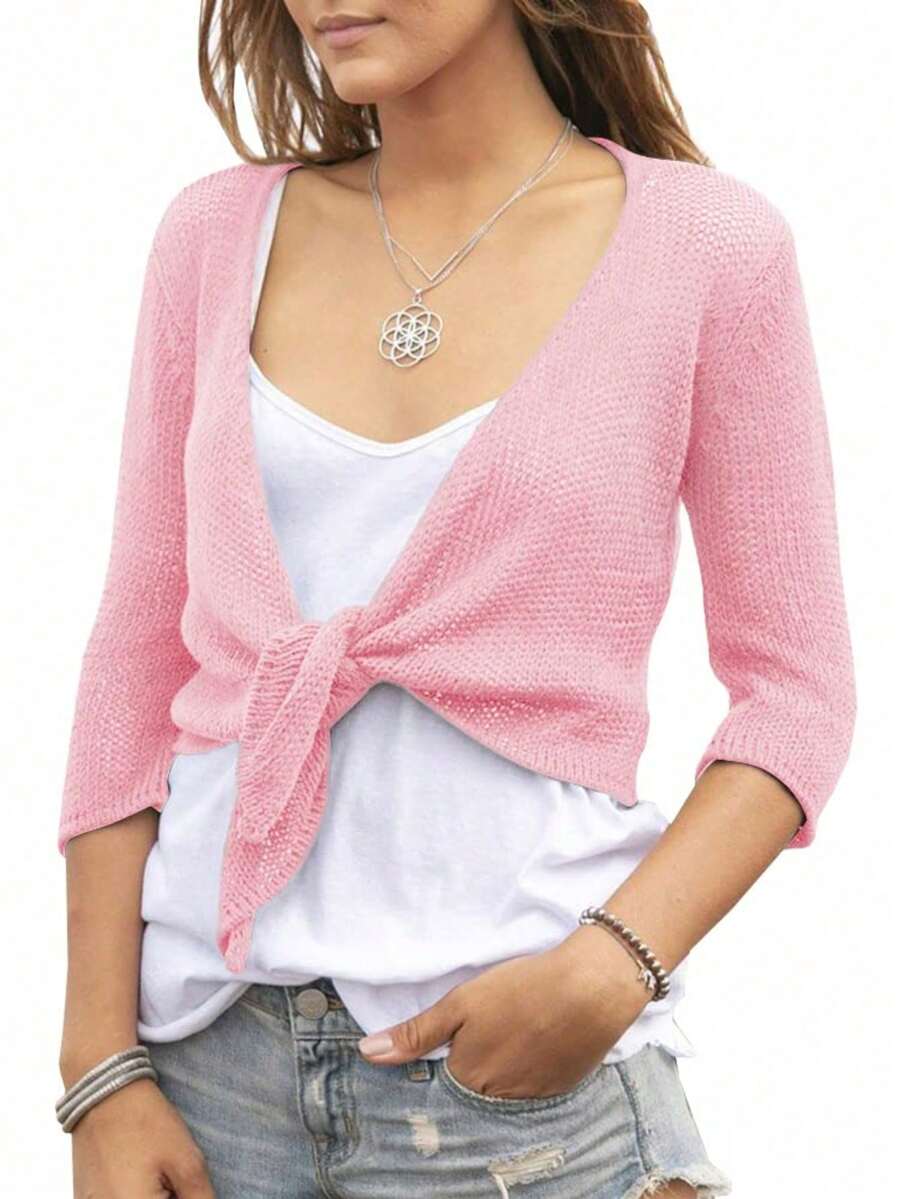 Women's Tie Front Shrug 3/4 Sleeve Bolero Sheer Knotted Lightweight Cardigan Sweaters Short Shawl Tops - 淺粉色 - 查看 1