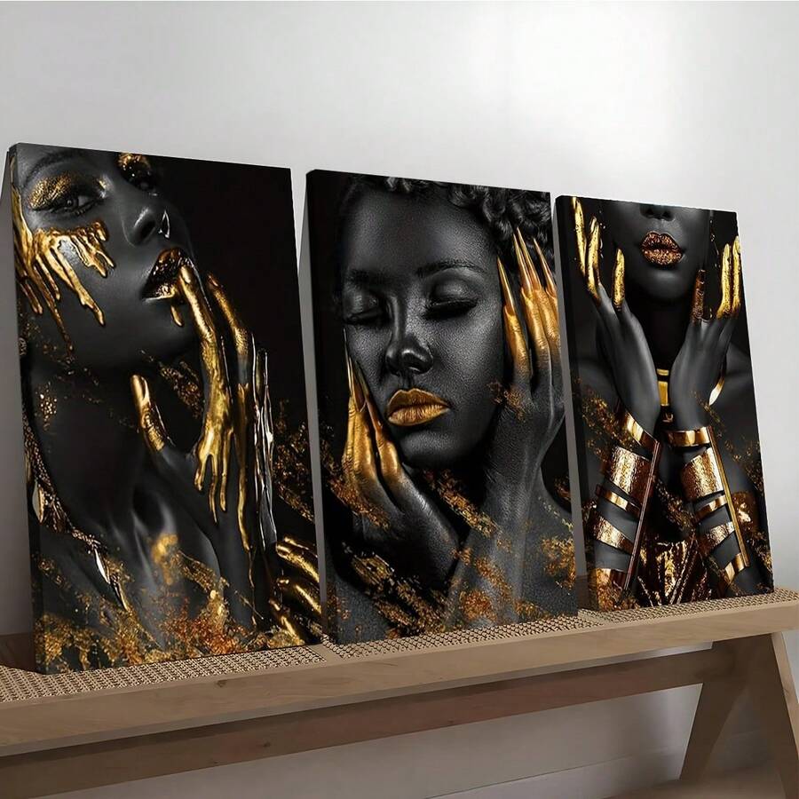 3 pièces Peinture moderne noir et or Femmes afro-américaines Toiles murales Affiches Portrait de reine noire Or Mode Image féminine exquise avec cadre Utilisé pour la décoration murale