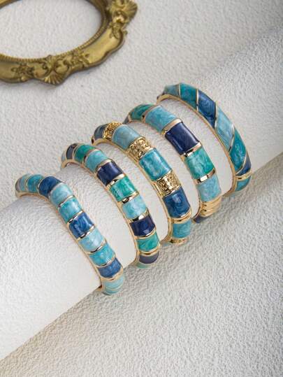 1 pezzo Braccialetto a fascia elastico placcato oro con smalto nei colori azzurro chiaro, turchese e blu navy, stile europeo e americano, adatto per ufficio, casual, streetwear, festival musicali, gioielli personalizzati, regali per vacanze, matrimoni, San Valentino, festa della mamma, compleanni