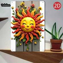2D Flat, 1pc Trebalena Vintage Embossed Aluminum Tin Sign - Vibrant Sun With Roses & Cheerful Face Metal Wall Art, Whimsical Garden Decor For Outdoor Living Spaces, Porch, Garage, Home, Bar, Club, Farm - No Electricity Needed, Outdoor Decor, Porch Decoration, Retro Style, Farmhouse Style, 2D Flat - 彩色 - 查看 3