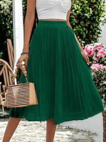 tooluck Women's Solid Elegant Ribbed Knit Pleated Office Wedding Beach Skirt - 軍綠色 - 查看 3