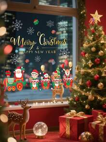 Christmas Window Clings - Santa's Train With Presents & Merry Christmas Text - Static Electricity Window Decoration - No Residue Removable - For Home, Store, Office - Reusable Holiday Decorations - Easy Application, Indoor Christmas Decorations, Festive Storefront Decor, Vibrant Festive Design, Noresidue Adhesive, Home Decor, Cheerful Display, Durable Material, Home Decorators