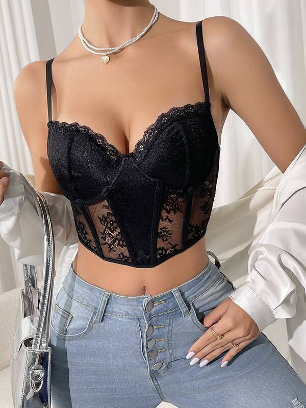 1pc Black French Lace Fishbone Bustier, Cinched Waist Design, Versatile For Daily Wear And Dates