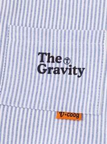 Boys Navy & White Striped Shirt With Letter Embroidery, Cute Pattern, Blue & White Stripes + Pocket Letter, Fashionable And Easy To Match