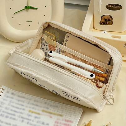 1pc Large Capacity Canvas Pencil Case, Its Mezzanine Design Provides Enough Space To Neatly Organize All Stationery, Pencil Case Bag With Zipper,Stationery Organizer, Pencil Organizer Back To School,Back To School,School Supplies,Pencil Pouch,School Bag