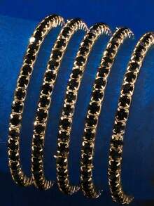 5 piezas de brazaletes elásticos con cristales de diamantes de imitación brillantes, joyas de estilo fiesta con brillo ajustable como regalo para mujeres - Dorado y negro - Ver 3