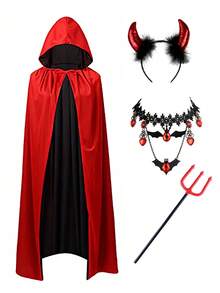 5pcs Halloween Hooded Cloak Double-Sided Devil Party Accessories, Cosplay Devil Horns Trident Necklace Long Gloves Horror Costume For Halloween Party - Multicolor - View 10