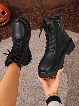 2026 Nuevos zapatos de mujer para otoño/invierno, botas de invierno cálidas, zapatos casuales versátiles y de moda para mujer, botas de tobillo de cuero, botas cortas negras y blancas con cordones y cremallera lateral, botas planas para mujer, botas de tobillo y botas cortas para dama, botas de mujer de moda