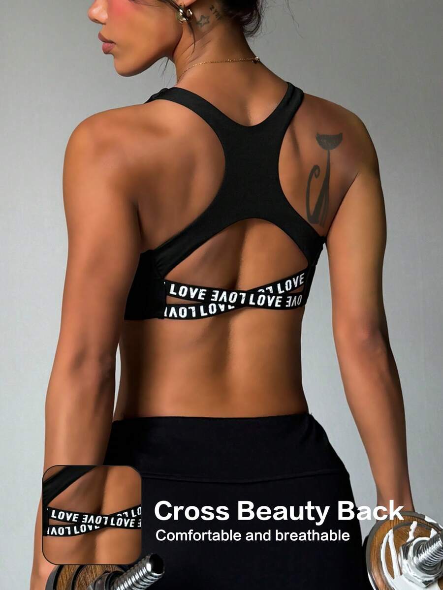 Women's Solid Color Removable Padded Hollow Back Letter Strap Elastic Sports Bra, Summer - Black - View 1