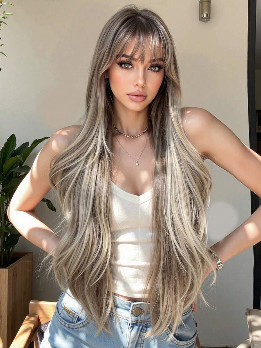 28 Inch Brown Highlight Wig Long Curly Wig With Bangs Natural Appearance Heat-Resistant Synthetic Wig Suitable For Fashionable Women,Daily Party Holiday Travel Use, Natural And Realistic False Hairpiece For Halloween And Christmas New Year Carnival Music Festival Cosplay ,Gifts For Girls,Summer Graduation Gifts,Ready-Made Gifts,Halloween Christmas Gifts - Brown Highlight - View 1