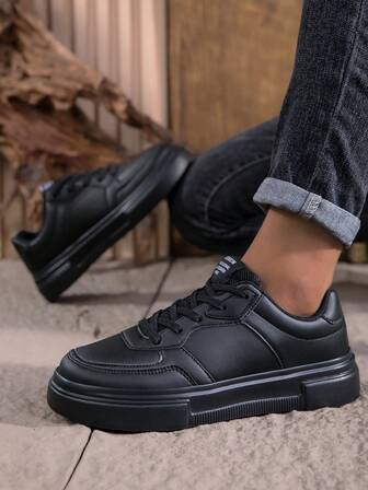 Men's Black Classic Leather Casual Sneakers, Comfortable Slip-On Skateboard Shoes For Daily Wear, Size 39-46