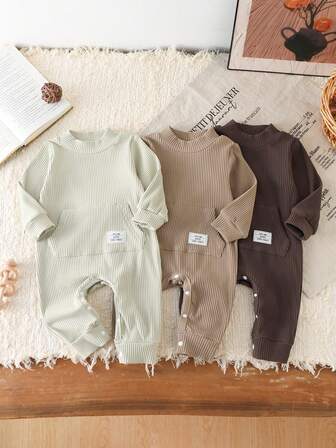 3件套男婴休闲舒适弹力罗纹立领长袖连体衣，秋冬季