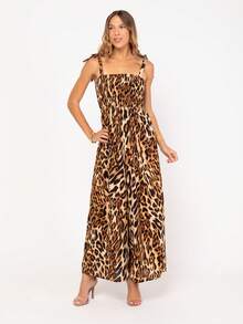 Boho All-Over Print Jumpsuit With Ruched Knot - 棕色 - 查看 3