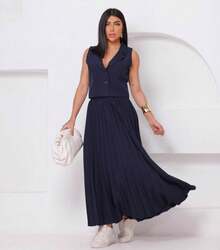 L178/573 Women's Set Vest + Pleated Skirt In Simple Tailoring Casual Fabric Button Set Beach Night Wedding Holiday All - Màu xanh hải quân - Xem 6