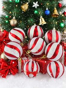 6 Stück Weihnachts-Kugeln mit rot-weißen Streifen, Kunststoff-Ornamente mit glitzerndem S-förmigem Streifendesign, langanhaltend und geeignet für Weihnachtsbaum-Dekorationen, Weihnachtsparty-Dekorationen, Hochzeitsdekoration, Geburtstagsparty-Dekoration, Innen- und Außenbereich, Gartendekoration, Fensterdekorationen, Weihnachtsdekorations-Zubehör