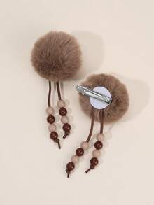 2 Stücke braune flauschige Haarclips für Mädchen, süße Pom-Pom Alligatorclips mit perlenbesetzten Quasten, bezaubernde Flauschbälle als Mädchen Haarclips für den Alltag, weiche Barrettes, einfache Haarspangen, Kinderzubehör für die Haare
