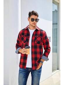 Mens Flannel Shirt Long Sleeve Button Down Plaid Flannel Shirt - Vải nỉ đỏ - Xem 2