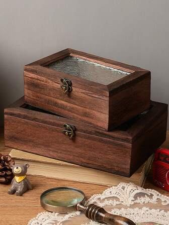 Gabinete de vidrio con flores de manzana silvestre de madera, estilo retro, gabinete de almacenamiento de maquillaje y varios con cajones, organizador de escritorio estilo nórdico