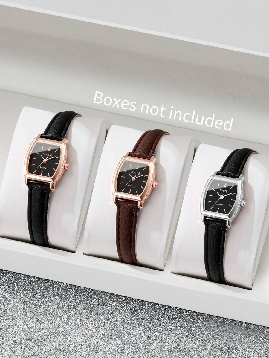 3pcs/Set Women's Elegant Fashion Leather Band Barrel Dial Small Dial Quartz Wrist Watch, Casual Style (Watch Box Not Included) - Multicolor - View 1