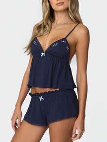 Women's Summer Pajamas Set Stylish Embroidery Lace Trim Camisole Tops With Shorts Lounge Wear 2 Pcs Set - 藏蓝色 - 查看 3