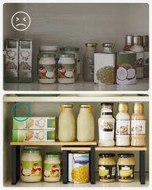 SONGMICS Cabinet Organizer Shelf, Set Of 4 Kitchen Counter Shelves, Kitchen Storage, Spice Rack, Stackable, Expandable, Metal And Engineered Wood - 墨黑色+自然米色 - 查看 4