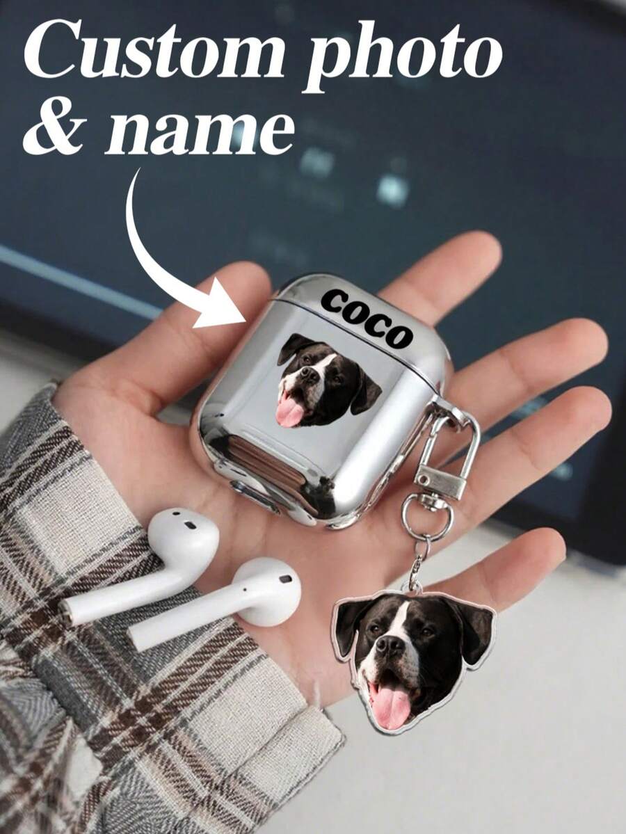 1 Customized Earphone Case + 1 Customized Keychain, Personalized With Portrait And Name, Fashionable TPU Soft Earphone Case, Unisex Cute Text Design, DIY Anniversary Gift, Compatible With Apple Earphone 1/2/3/4/Pro/Pro2, Fashionable, Colorful, Minimalist, Kawaii, Customized, Personalized, Unique,2025phonecase - Silver - View 1
