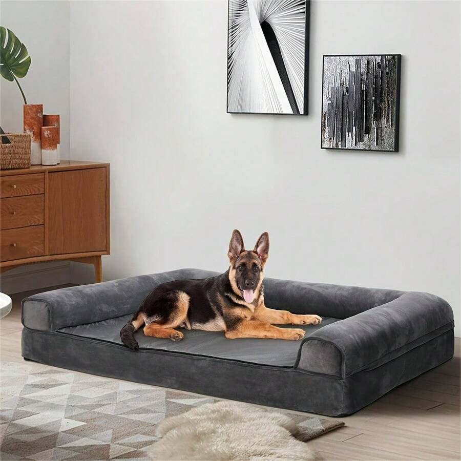 Jumbo Orthopedic Memory Foam Dog Bed For Large Dogs - High Quality Bolster Cushion With Plush Mat, Easy Assembly, Grey Pet Bed For Joint Support & Home Decor - Xám - Xem 1