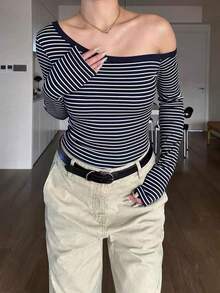 Babehomee 秋季女装返校外出上衣女式简约性感风格不对称露肩修身条纹针织长袖T恤 - 藏蓝色 - 查看 10