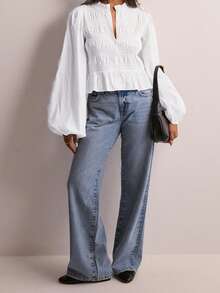 Women's Fall Button Down Blouses Casual Stylish Solid Shirred Ruffled Trim Bubble Long Sleeve Tops - 白色 - 查看 6