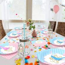 Juego de vajilla para fiesta de revelación de género Jonvell para 16 invitados: Platos, vasos, servilletas, pajitas y mantel de papel para niño o niña