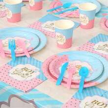 Juego de vajilla para fiesta de revelación de género Jonvell para 16 invitados: Platos, vasos, servilletas, pajitas y mantel de papel para niño o niña