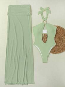 新款女士时尚金属环装饰性感优雅绿色纯色比基尼套装，含裙子，适合海滩、度假、派对、夏季约会 - 綠色 - 查看 5