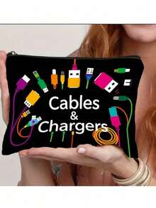 Black Cable & Charger Organizer Bag With Colorful Tech Icons - Durable Fabric Travel Case For Portable Power Banks, Cables & Accessories - Unisex Tech Gift, Foldable Design, Zipper Closure, Cable Storage Bag, Playful Design, Zipper Closure Bag Autumn University Essentials Travel Essentials Holiday Vacation Travel Bag For Women Makeup Bag Makeup Organizer Make Up Bag