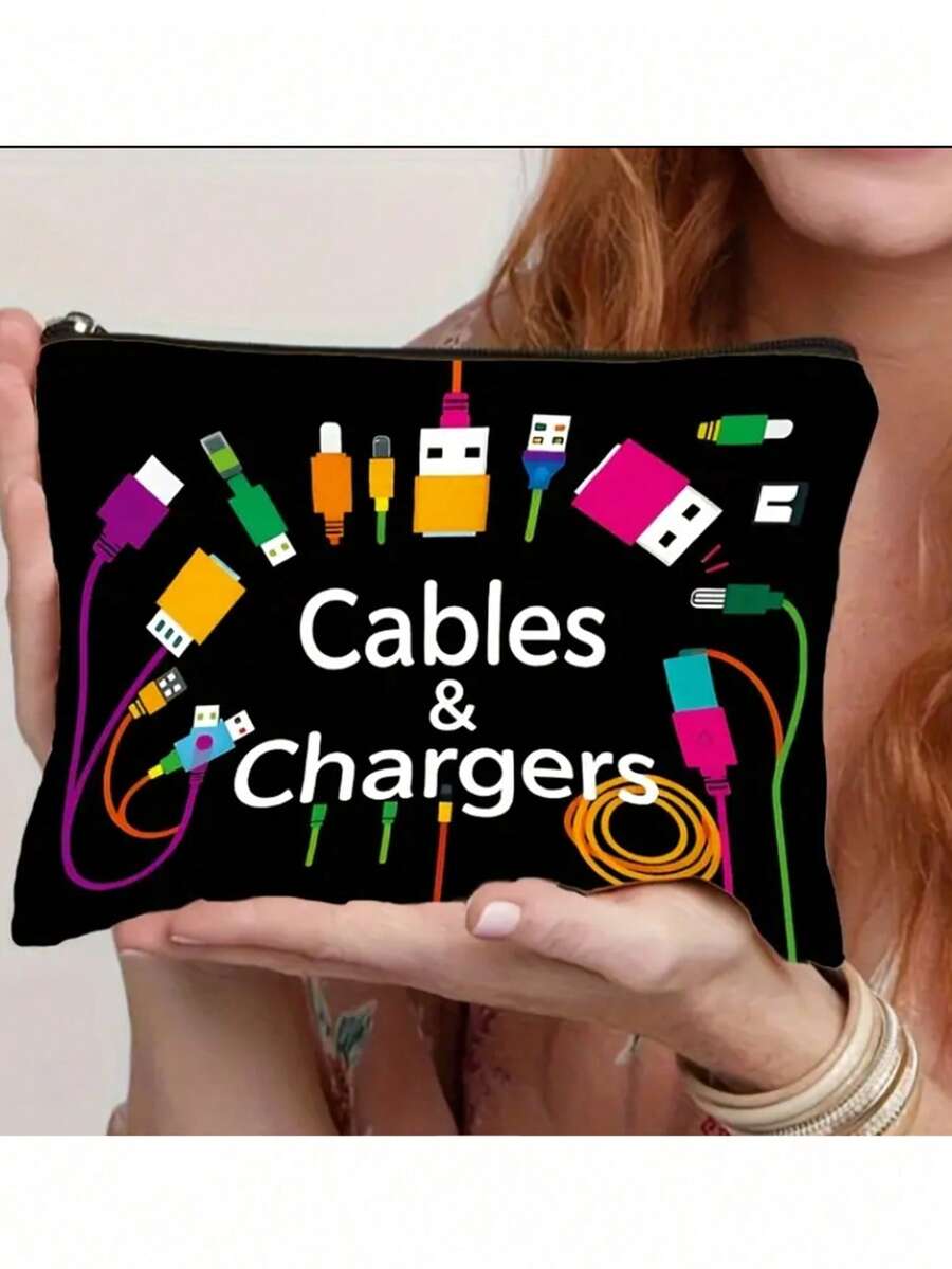 Black Cable & Charger Organizer Bag With Colorful Tech Icons - Durable Fabric Travel Case For Portable Power Banks, Cables & Accessories - Unisex Tech Gift, Foldable Design, Zipper Closure, Cable Storage Bag, Playful Design, Zipper Closure Bag Autumn University Essentials Travel Essentials Holiday Vacation Travel Bag For Women Makeup Bag Makeup Organizer Make Up Bag