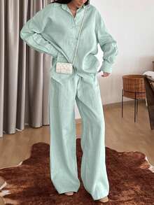 Damen Lässig Mode Herbst/Winter Neu Perlenknopf einfarbig Stehkragen Langarm Hemd kombiniert mit vielseitiger Weite Hose Set, geeignet für Ausflüge, Arbeit, Veranstaltungen, elegante und stilvolle Pendlerkleidung, eine ideale Wahl für Damen Herbstbekleidung, Halloween Kostüme, Berufskleidung, Hochzeitsgast Kleider, Damen Hemden mit Knopfleiste und Damen Weite Hosen. - hellgrün - Übersicht 8