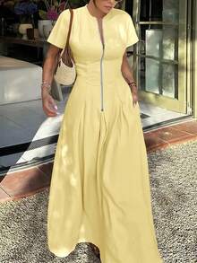 Women's Elegant Front Zip Apricot Color Dress - Butter Yellow - View 1