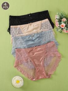 4 Stücke Damen Unterhosen mit mittlerer Taille, Spitze Patchwork, glatt und sexy mit dekorativen Verzierungen, weich & bequem, Damen Unterwäsche aus Nylon-Mischgewebe