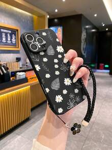 1 Stück schwarze TPU Gänseblümchen & Blatt Muster stoßfeste Handyhülle und 1 Stück schwarzes Tropfkleber Strass Blumen Lanyard, kompatibel mit iPhone, Android Smartphones einschließlich iPhone 15 Pro Max, A14, A54, A52, A31 4G, A23, Redmi Note 8 Pro, Note 11 Pro 4G, Note 12 4G, OPPO A54