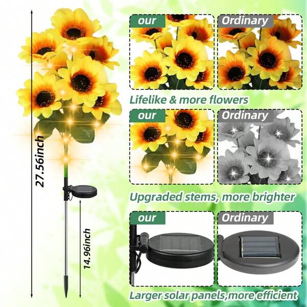 1 Pc Yellow 7-Head Solar Sunflower Light LED Artificial Outdoor Waterproof Lawn Light For Garden, Courtyard, Patio, Front Yard, Golden Sea Of Flowers Backyard, Garden Lights,Balcony Lawn Decor Decor Outdoor Use(27 Inch)