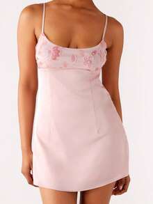 Women's Mini Cami Dress Stylish Sequin Flower Embroidered Square Neck Spaghetti Strap Dress - 粉色 - 查看 2