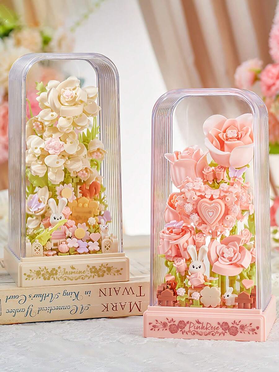 Rosa flor compatible con ladrillos ensamblados, decoración de escritorio de flor de jazmín perenne, regalo de cumpleaños para la mejor amiga, nuevo estilo