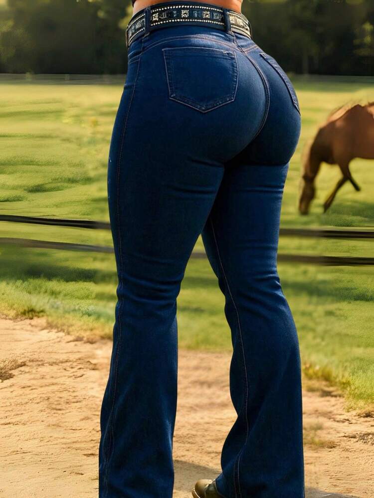 Calça Country Flare Jeans Feminina de Luxo Cintura Alta com Brilhos Linha Premium Rodeio Cavalgada West - Escura Cavalaria - Visão 3