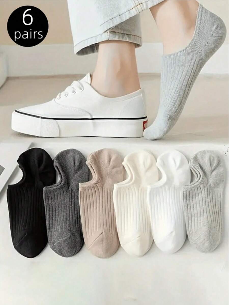 6 Pairs Women's Assorted Color Invisible Boat Socks, Minimalist Style Socks For Girls, Ribbed Texture Detail, Snug Fit Non-, Suitable For Daily Wear With Flats, All Season, Random Colors