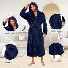 Bademantel Herren mit Kapuze flauschig voller Länge Plüsch Morgenmantelänner Fleece - MarineBlau - Übersicht 4