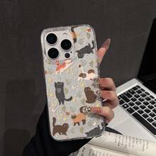 Floral & Cute Cat Pattern Phone Case, Compatible With Iphone 16 Pro Max, 15, 14 Plus, 13, 12, 11 Protective Cover - Transparent Frame Flash Point - View 5