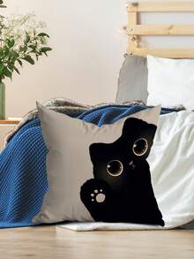 4pcs/ 1 Pc Halloween Cute, Simple, Shy Little Black Cat Short Plush Printed Pillowcase, Suitable For Living Room, Bedroom, Sofa, And Can Be Used For Home Decoration, Halloween Decoration, And Room Arrangement. - Black and White - View 4