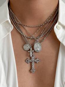 4pcs Vintage Chic Geometric Metal Cross Pendant Necklace Set, Multilayer Charm Necklaces For Men - Yellow Gold - View 4